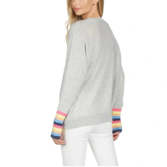 Michael Lauren 100% Cashmere RUPERT LE DRAPED SWEATER Gray Sweater Striped Cuffs